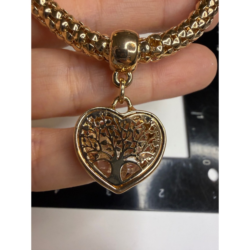 Gold Tone Tree of Life Heart Charm Popcorn Chain Stretch Bracelet